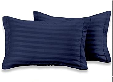 THE HOME STYLE Glace Cotton Satin Stripes 300TC Solid Plain King Size Double Bed Bedsheet with Two Pillow Cover (Blue)