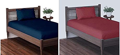 THE HOME STYLE Cotton Feel Glace Cotton Plain Satin Stripes Combo Pack of 2 Plain Single Bed Bedsheet with 2 Pillow Cover