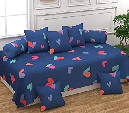 THE HOME STYLE Super Soft Glace Cotton Elegant Diwan Cover Set 8 Piece (1 Single Bedsheet, 2 Bolster Covers, 5 Cushion Covers) (Blue Heart)