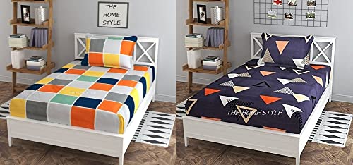 THE HOME STYLE Super Soft Cotton Feel Glace Cotton Printed Full Length Pack of 2 Printed Single Bed Bedsheets (Combo Pack of 2 Single Bedsheet with 2 Pillow Cover) (Vibrant Checks & Graphite Triangle)