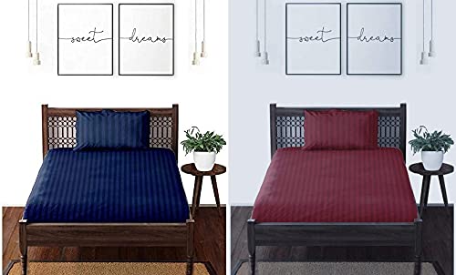 THE HOME STYLE Cotton Feel Glace Cotton Plain Satin Stripes Combo Pack of 2 Plain Single Bed Bedsheet with 2 Pillow Cover