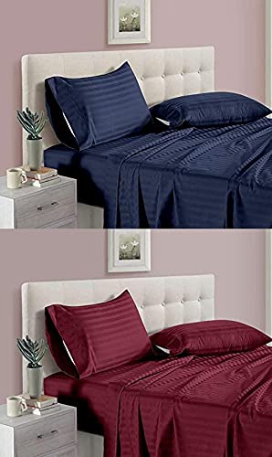 THE HOME STYLE 300TC Glace Cotton Satin Stripes Combo Pack of 2 Plain King Size Bedsheet with 4 Pillow Cover (Blue & Wine)
