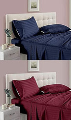 THE HOME STYLE 300TC Glace Cotton Satin Stripes Combo Pack of 2 Plain King Size Bedsheet with 4 Pillow Cover (Blue & Wine)