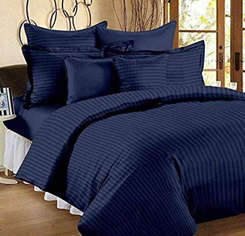 THE HOME STYLE 400TC Super Soft Glace Cotton Satin Stripes Plain King Size Comforter ll Blanket ll Duvet Double Bed with 1 Flat Bedsheet and 2 Pillow Cover (Blue)