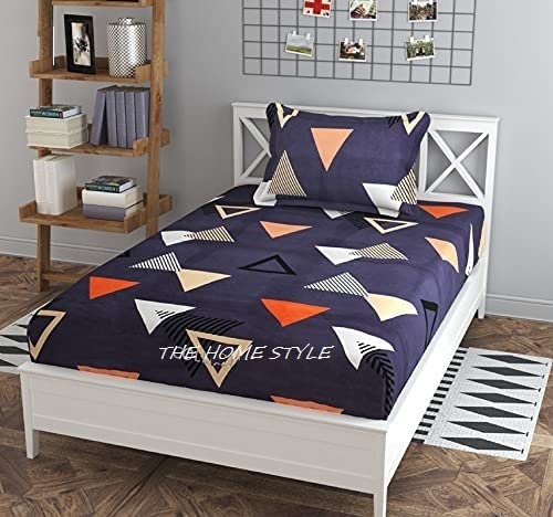 THE HOME STYLE Super Soft Cotton Feel Glace Cotton Printed Full Length Pack of 2 Printed Single Bed Bedsheets (Combo Pack of 2 Single Bedsheet with 2 Pillow Cover) (Vibrant Checks & Graphite Triangle)