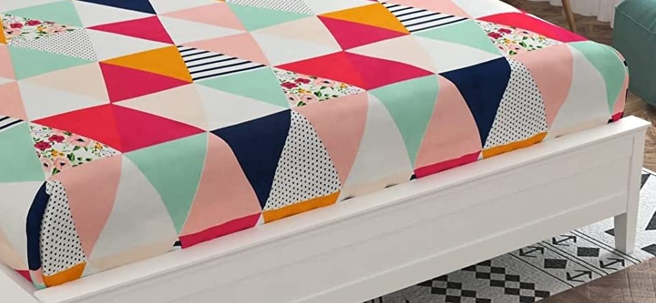 THE HOME STYLE Cotton Feel Glace Cotton Elastic Fitted All Around Elastic Printed King Size Double Bed Bedsheet with 2 Pillow Cover (72"x78", Multicolor Geometric)