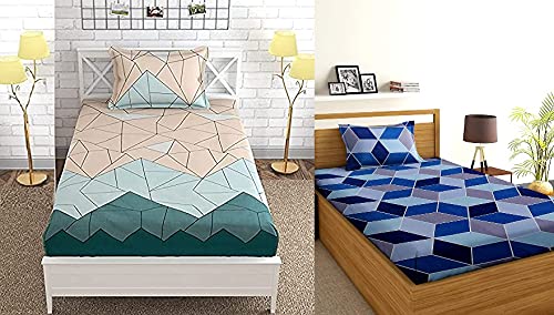 THE HOME STYLE Cotton Feel Glace Cotton Printed Single Bed Bedsheet (Combo Pack of 2 Single Bedsheet with 2 Pillow Cover)_Pastel Green & Blue Diamond