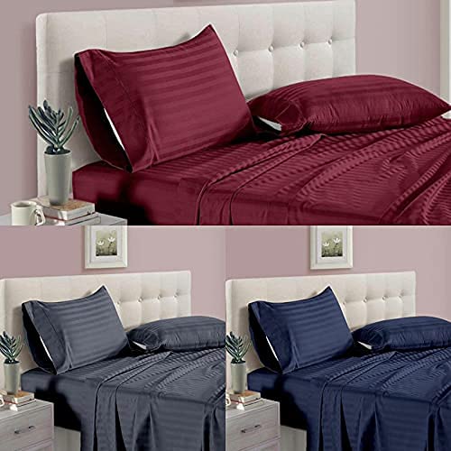 THE HOME STYLE 300TC Glace Cotton Satin Stripes Plain King Size Double Bed Bedsheet with Two Pillow Cover (Blue)