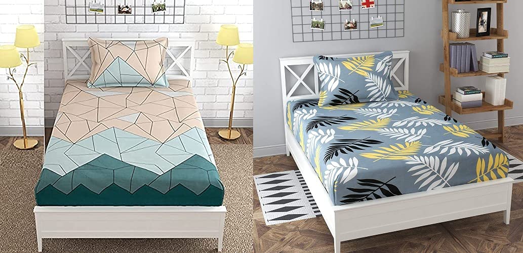 THE HOME STYLE Cotton Feel Glace Cotton Printed 2 Single Bed Bedsheets (Combo Pack of 2 Single Bedsheet with 2 Pillow Cover) (Pastel Green & Midnight Leaf)