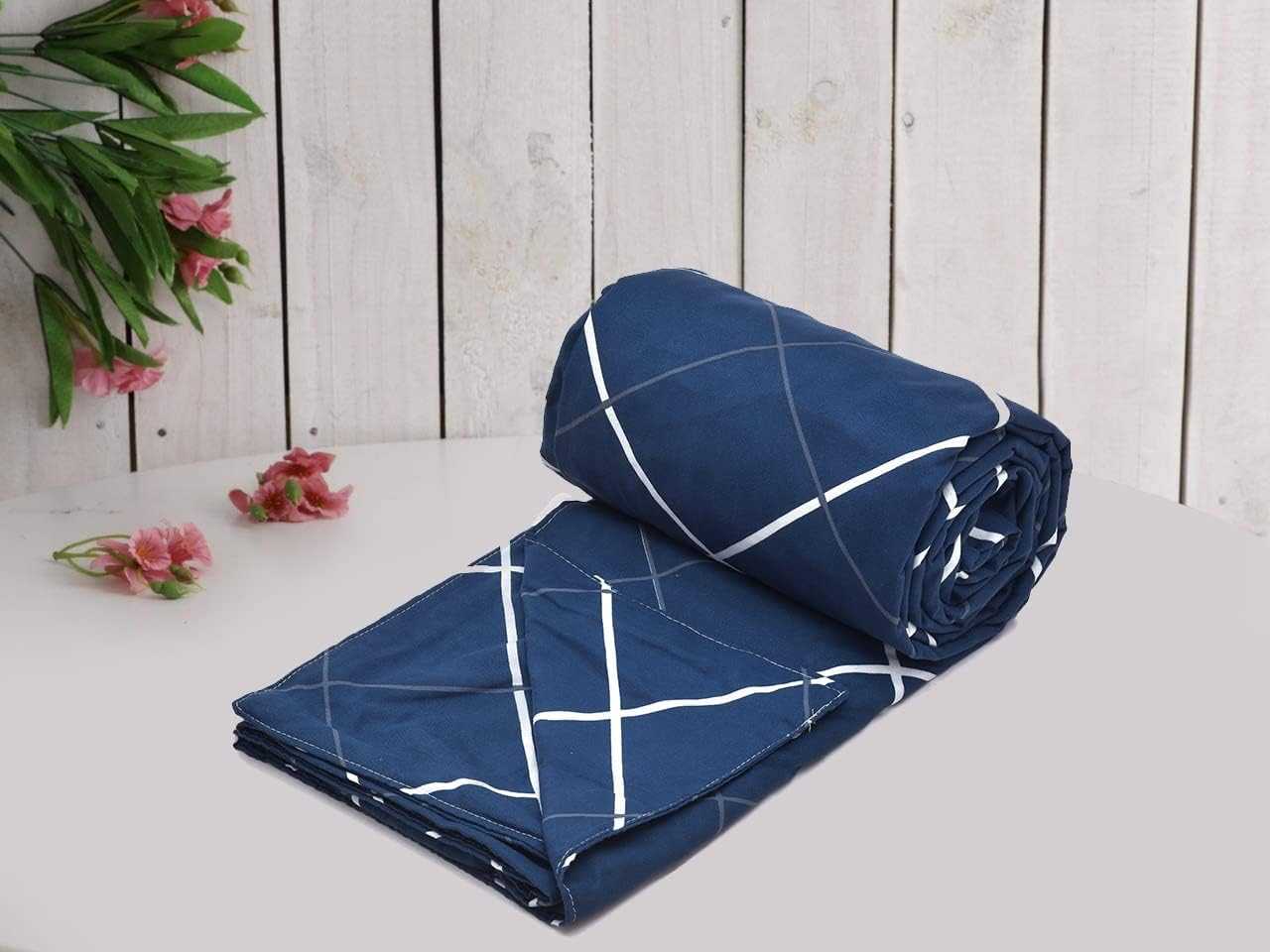 THE HOME STYLE 200TC Soft Glace Cotton King Size Duvet Cover II Razai Cover II Quilt Cover II Dohar for Double Bed with Zipper (90x100 Inch, Navy Blue Lines)