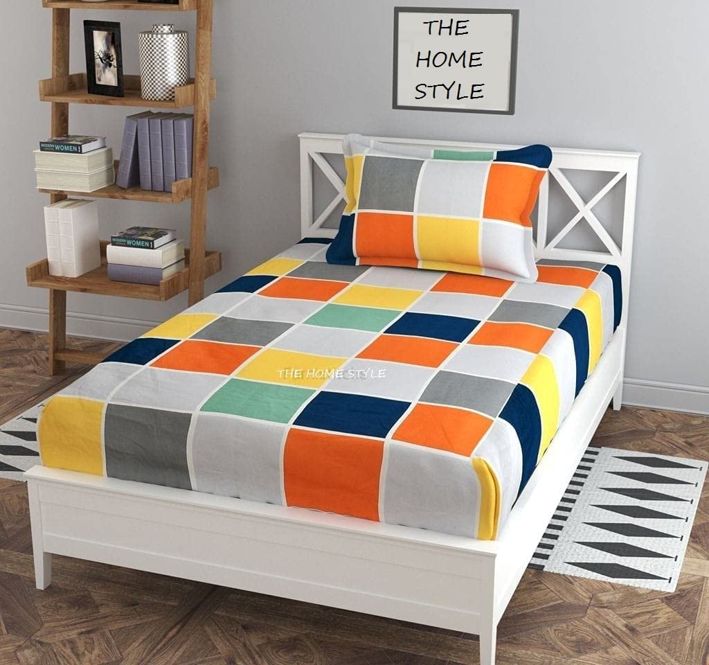THE HOME STYLE Super Soft Cotton Feel Glace Cotton Printed Full Length Pack of 2 Printed Single Bed Bedsheets (Combo Pack of 2 Single Bedsheet with 2 Pillow Cover) (Vibrant Checks & Graphite Triangle)