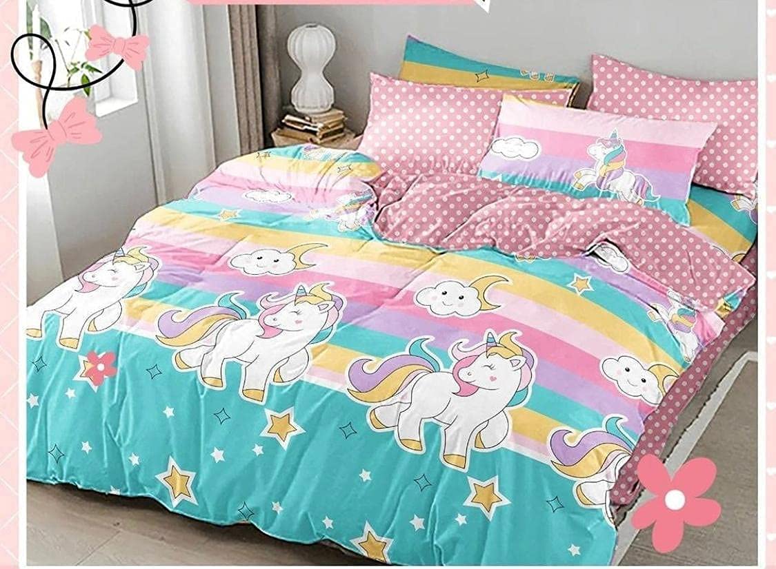 THE HOME STYLE Kids Glace Cotton Microfiber Reversible Single Bed AC Comforter ll Blanket ll Duvet with 1 Flat Single Bed Bedsheet and 1 Pillow Cover, Especially For Kids Room (Pink Unicorn) (Single Comforter With Single Bedsheet)