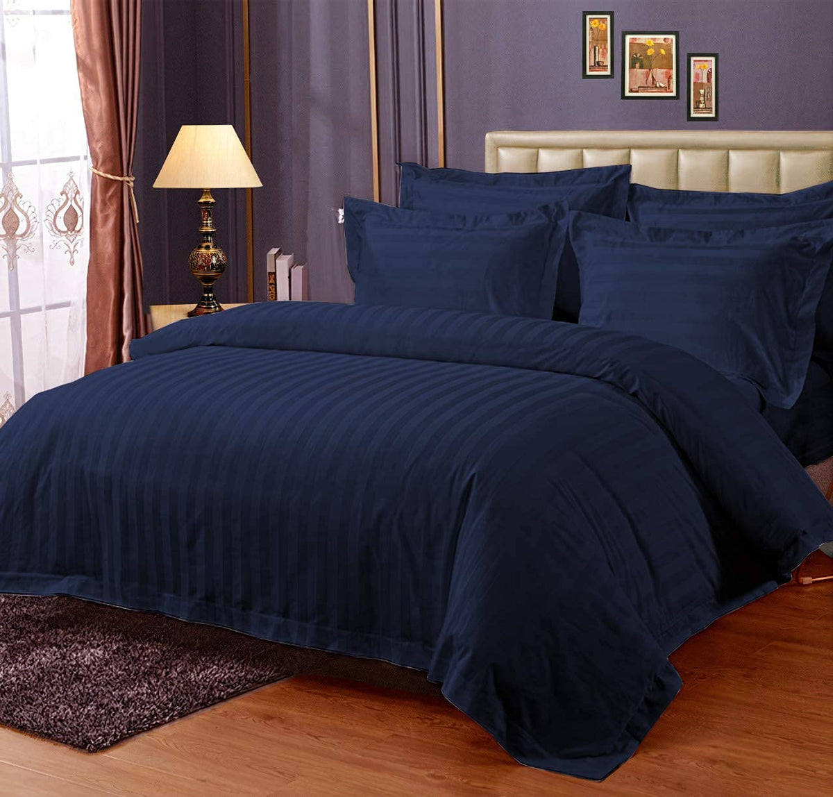 THE HOME STYLE Glace Cotton Satin Stripes 300TC Solid Plain King Size Double Bed Bedsheet with Two Pillow Cover (Blue)