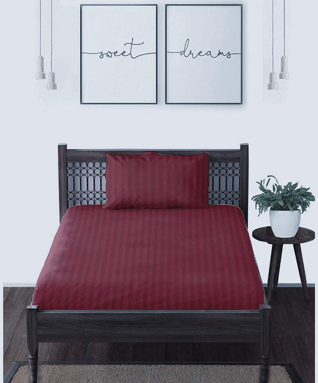 THE HOME STYLE Cotton Feel Glace Cotton Plain Satin Stripes Combo Pack of 2 Plain Single Bed Bedsheet with 2 Pillow Cover