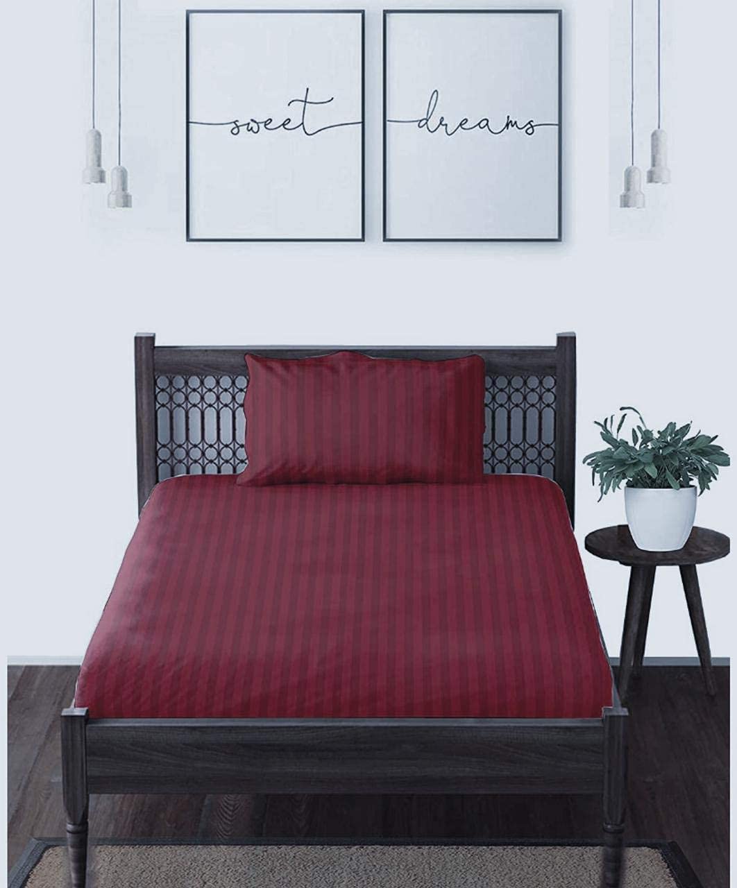 THE HOME STYLE Cotton Feel Glace Cotton Plain Satin Stripes Combo Pack of 2 Plain Single Bed Bedsheet with 2 Pillow Cover