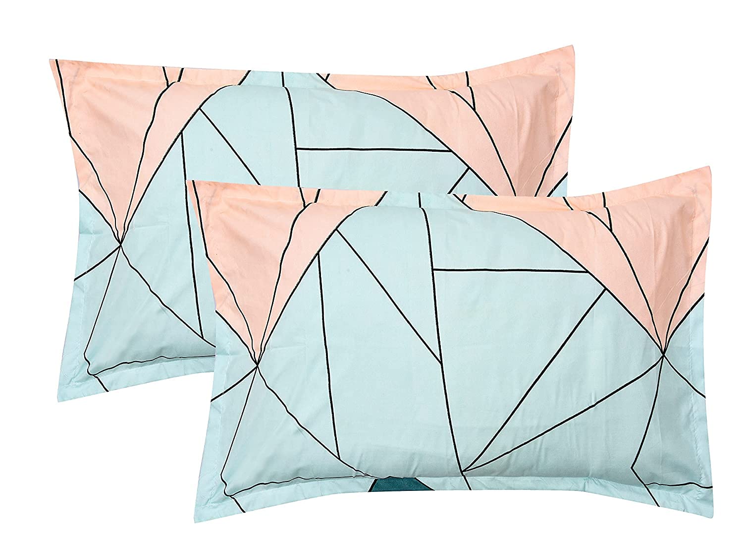 THE HOME STYLE Cotton Feel Glace Cotton King Size Printed Pillow Covers ll Set of 4pcs (18"X28" Inches, Pastel Green & Navy Blue Lines)