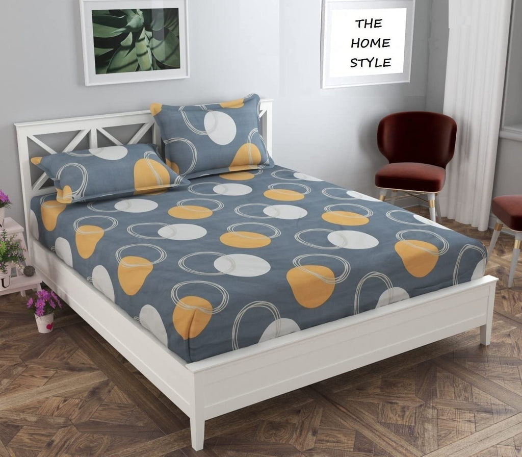 THE HOME STYLE Cotton Feel Glace Cotton Elastic Fitted Printed King Size Double Bed Bedsheet with 2 Pillow Cover (72"x78", Slate Grey)