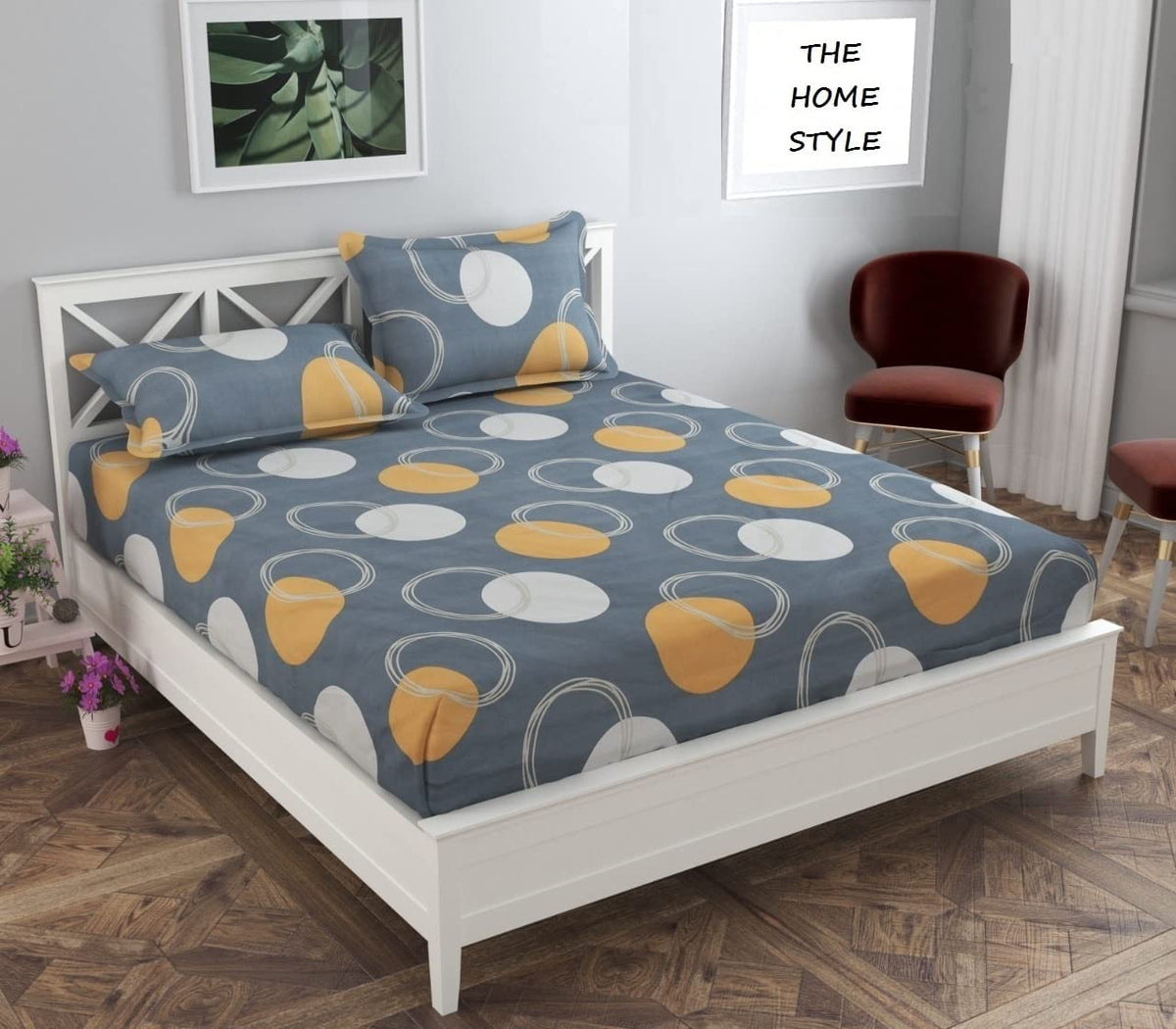 THE HOME STYLE Cotton Feel Glace Cotton Elastic Fitted Printed King Size Double Bed Bedsheet with 2 Pillow Cover (72"x78", Slate Grey)