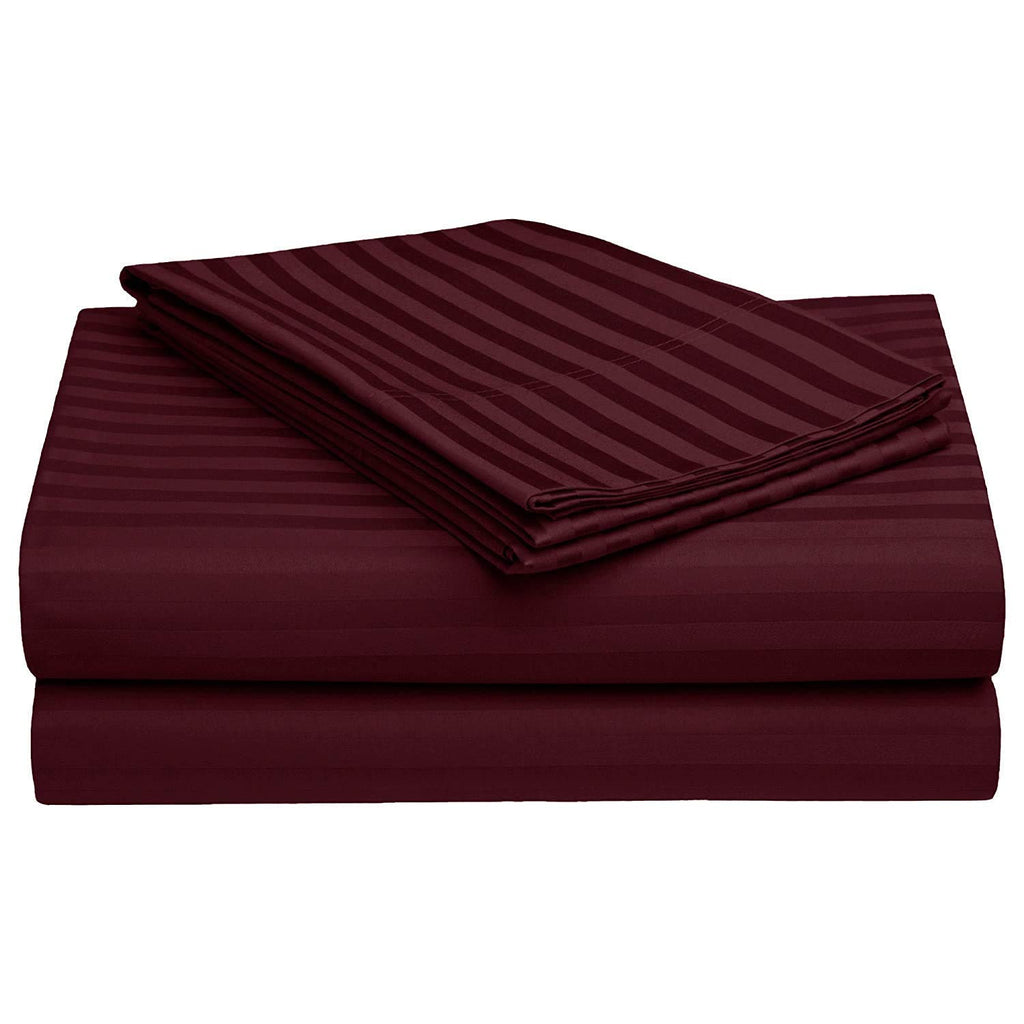 THE HOME STYLE 300TC Glace Cotton Satin Stripes Plain King Size Double Bed Bedsheet with Two Pillow Cover (Wine)