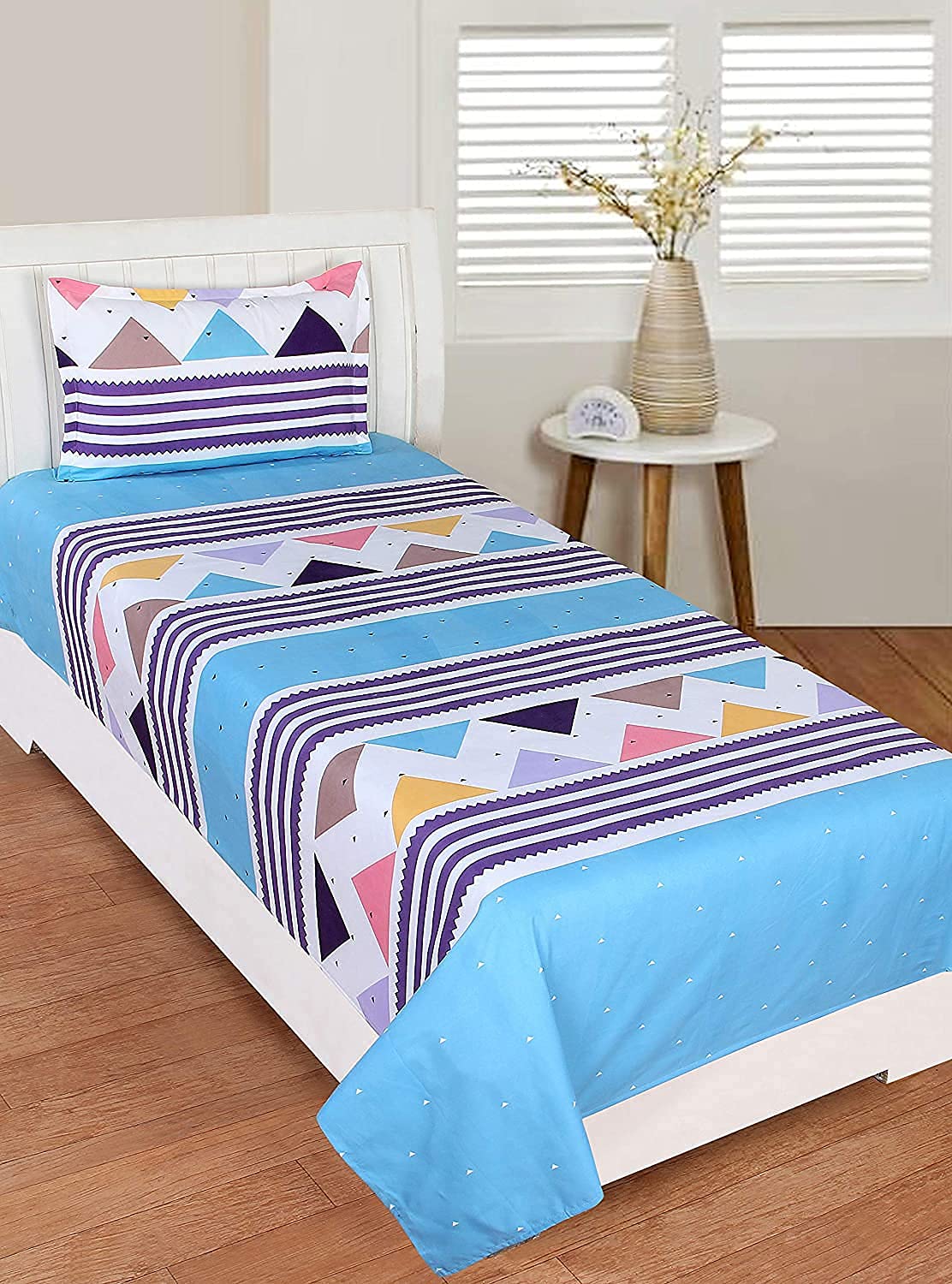THE HOME STYLE Cotton Feel Glace Cotton Printed Single Bed Bedsheet (Combo of 2 Single Bedsheet with 2 Pillow Cover)_White Blue & Midnight Leaf
