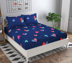 THE HOME STYLE Cotton Feel Glace Cotton Elastic Fitted Printed King Size Double Bed Bedsheet with 2 Pillow Cover (78"x72"x8",Fits Upto 8 Inches Mattress) (Blue Heart)