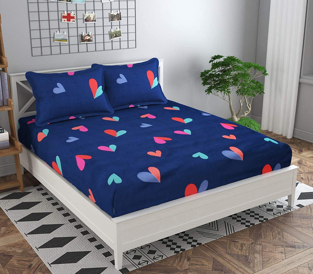 THE HOME STYLE Cotton Feel Glace Cotton Elastic Fitted Printed King Size Double Bed Bedsheet with 2 Pillow Cover (78"x72"x8",Fits Upto 8 Inches Mattress) (Blue Heart)