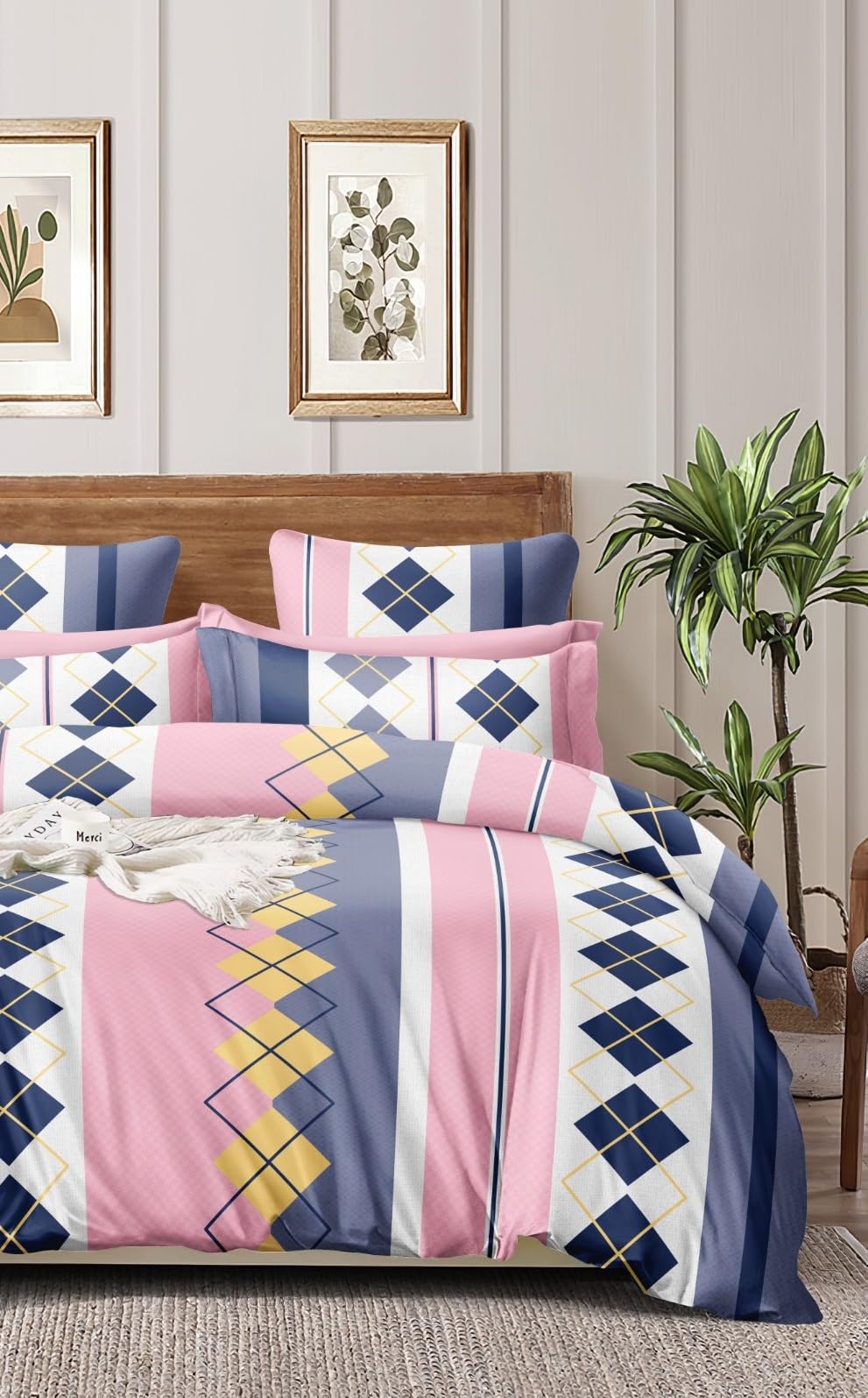 THE HOME STYLE Cotton Feel Glace Cotton Elastic Fitted All Around Elastic Printed King Size Double Bed Bedsheet with 2 Pillow Cover (72"x78", Pink Checks)