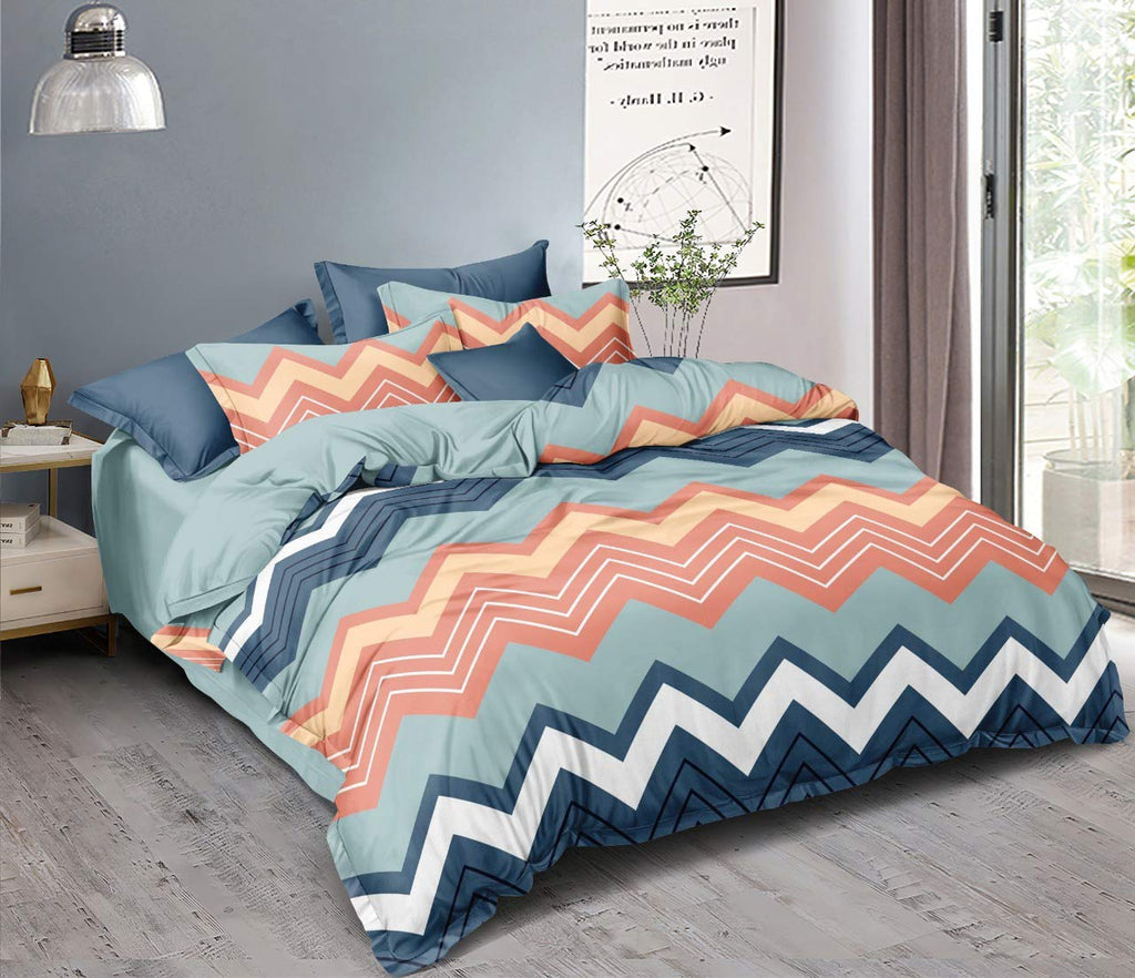 THE HOME STYLE 350TC Microfiber Glace Cotton AC Comforter/Blanket/Duvet King Size Double Bed with 1 Flat Bedsheet and 2 Pillow Cover II 4 Pc Bedding Set_Multicolor Zigzag