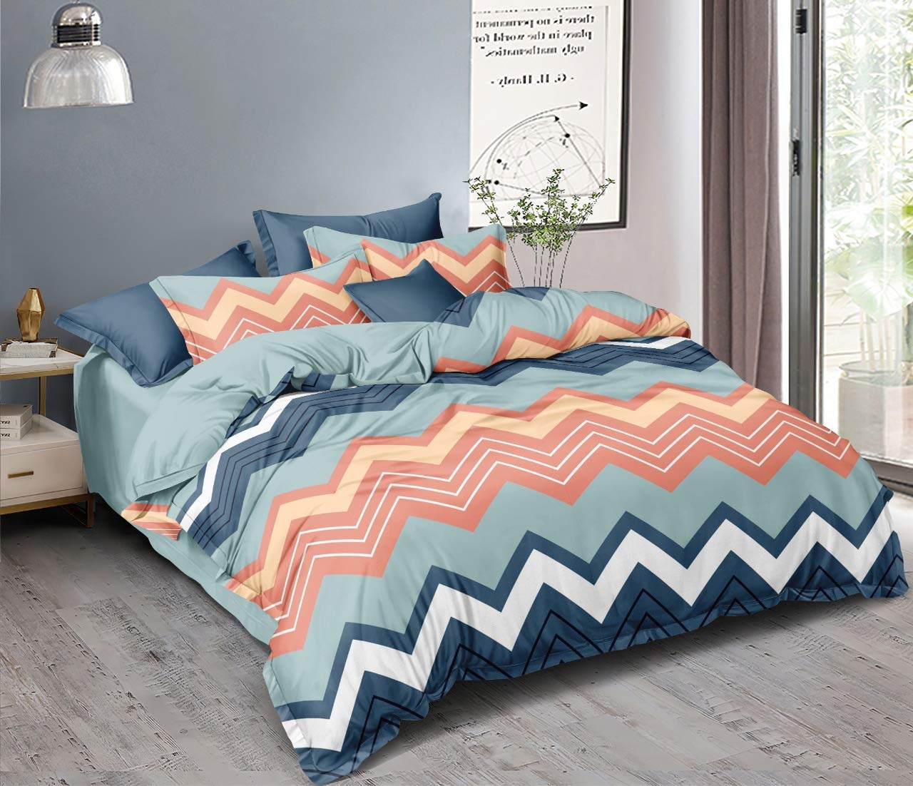 THE HOME STYLE 350TC Microfiber Glace Cotton AC Comforter/Blanket/Duvet King Size Double Bed with 1 Flat Bedsheet and 2 Pillow Cover II 4 Pc Bedding Set_Multicolor Zigzag