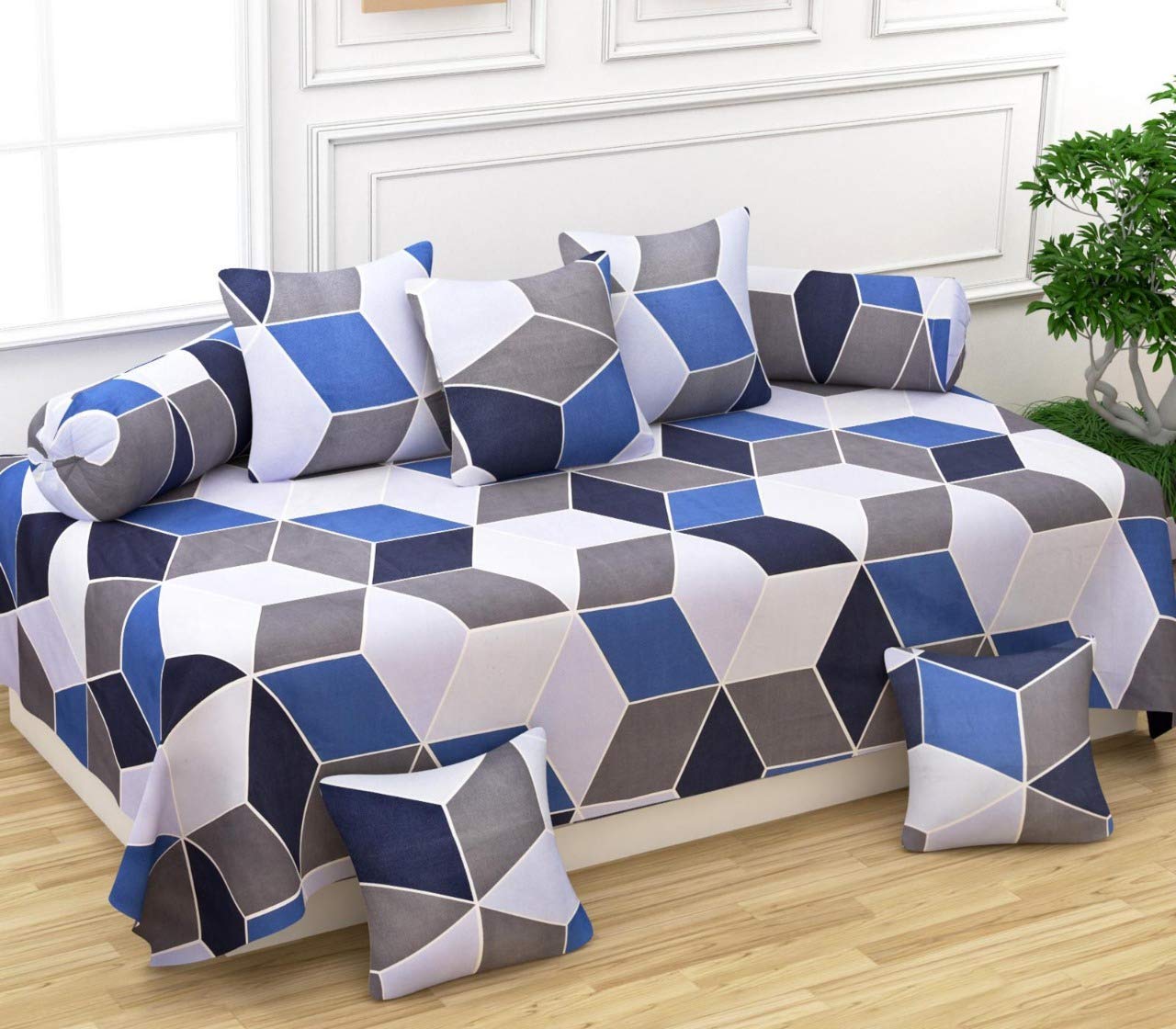 THE HOME STYLE Super Soft Glace Cotton Elegant Diwan Cover - Set 8 Piece - 1 Single Bedsheet, 2 Bolster Covers, 5 Cushion Covers (Football, Standard)