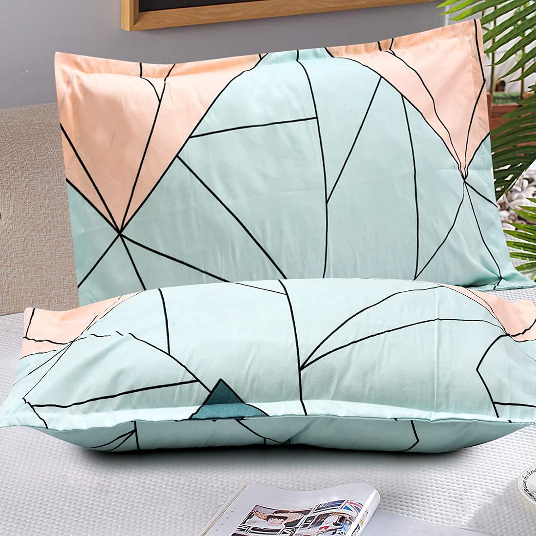 THE HOME STYLE Cotton Feel Glace Cotton King Size Printed Pillow Covers ll Set of 4pcs (18"X28" Inches, Pastel Green & Navy Blue Lines)