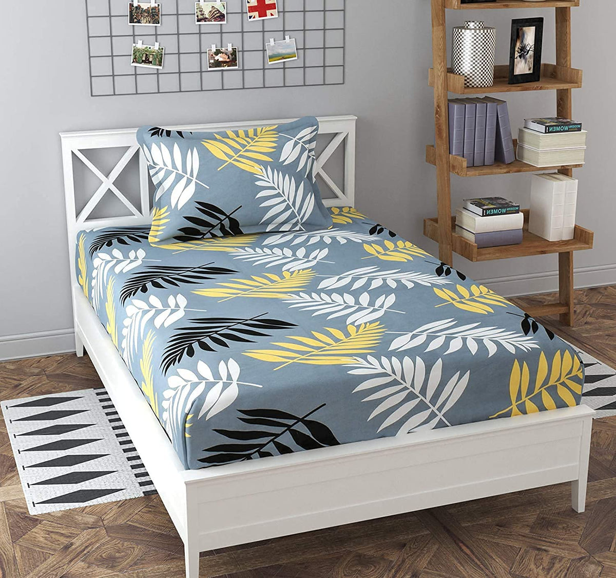 THE HOME STYLE Cotton Feel Glace Cotton Printed Single Bed Bedsheets (Combo Pack of 2 Single Bedsheet with 2 Pillow Cover)_Midnight Leaf & Vibrant Checks