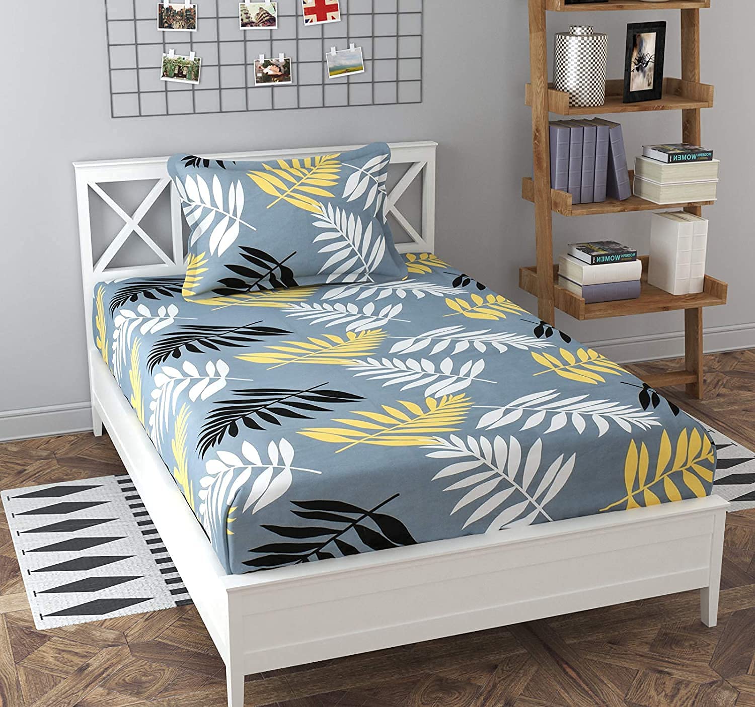 THE HOME STYLE Cotton Feel Glace Cotton Printed Single Bed Bedsheet (Combo of 2 Single Bedsheet with 2 Pillow Cover)_White Blue & Midnight Leaf