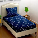 THE HOME STYLE Cotton Feel Glace Cotton Printed Single Bed Bedsheet (Combo Pack of 2 Single Bedsheet with 2 Pillow Cover)_White Blue & Navy Blue Lines
