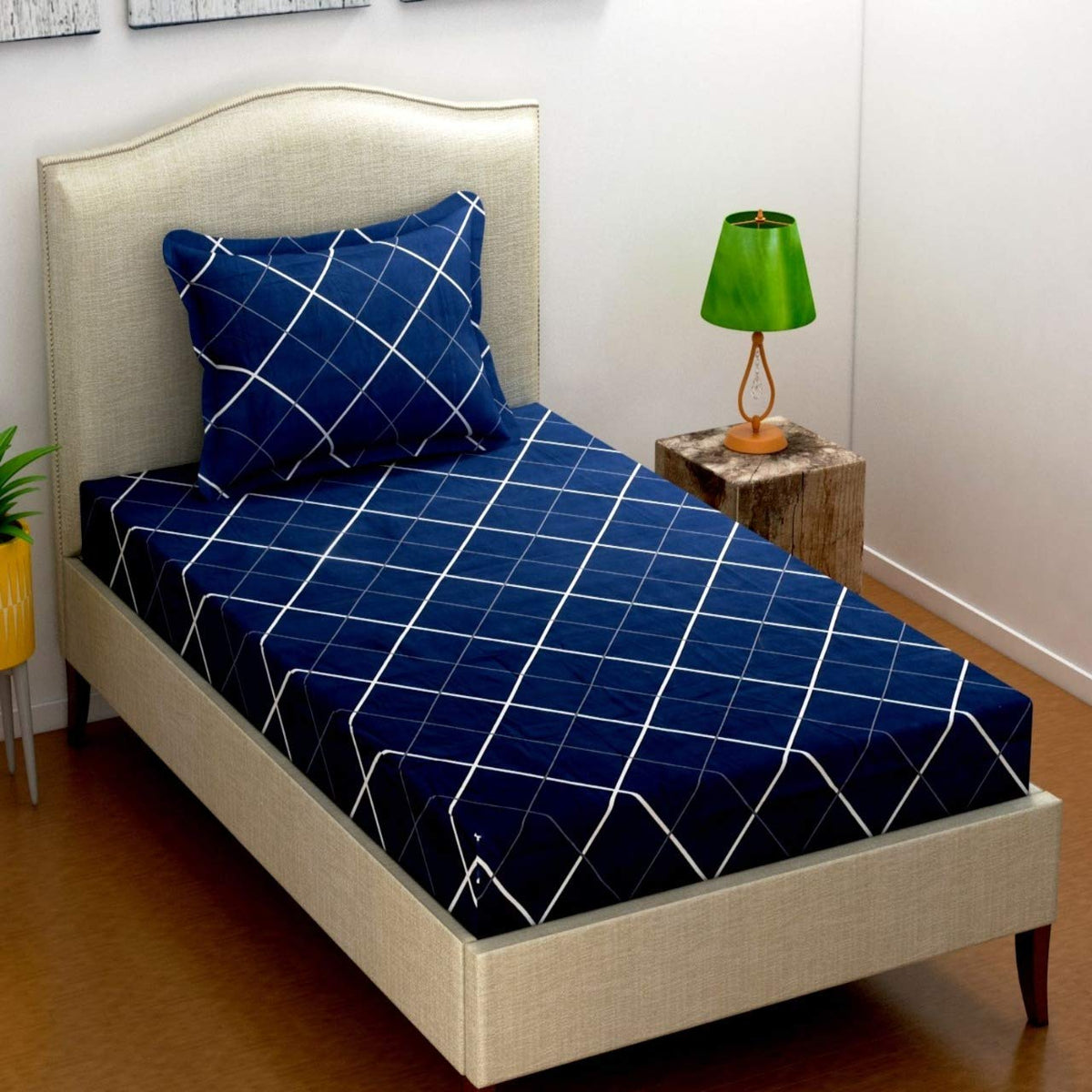 THE HOME STYLE Cotton Feel Glace Cotton Printed Single Bed Bedsheets (Combo Pack of 2 Single Bedsheet with 2 Pillow Cover) (Vibrant Checks & Navy Blue Lines)