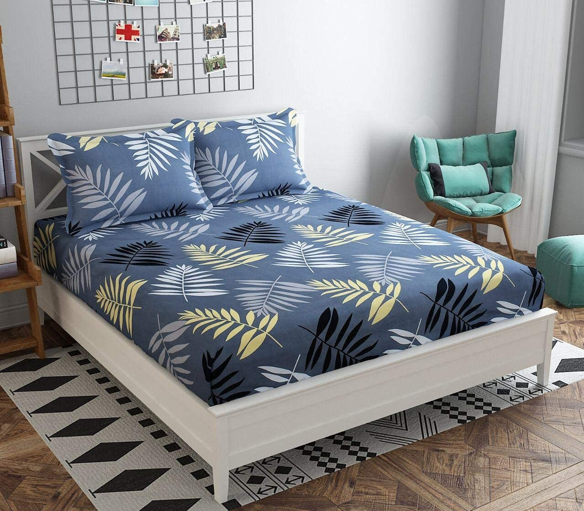 THE HOME STYLE Cotton Feel Glace Cotton Elastic Fitted Printed King Size Double Bed Bedsheet with 2 Pillow Cover (78"x72"x8",Fits Upto 8 Inches Mattress) (Midnight Leaf)