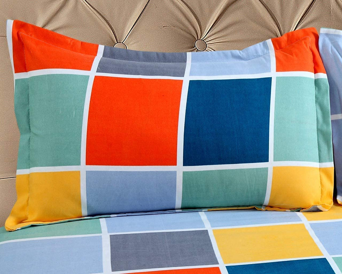 THE HOME STYLE Cotton Feel Glace Cotton Printed Single Bed Bedsheets (Combo Pack of 2 Single Bedsheet with 2 Pillow Cover)_Midnight Leaf & Vibrant Checks
