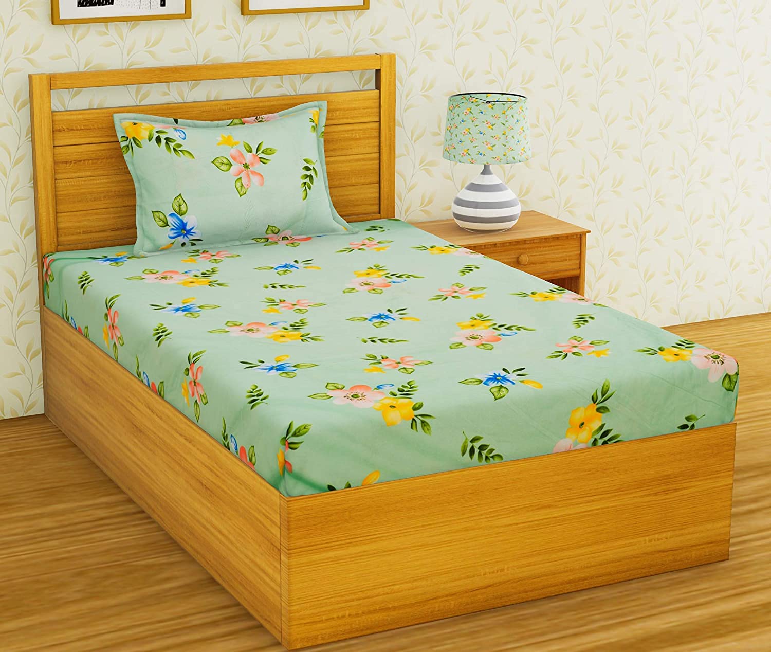 THE HOME STYLE Cotton Feel Glace Cotton Printed 2 Single Bed Bedsheets (Combo Pack of 2 Single Bedsheet with 2 Pillow Cover) (Pista & Blue Heart)