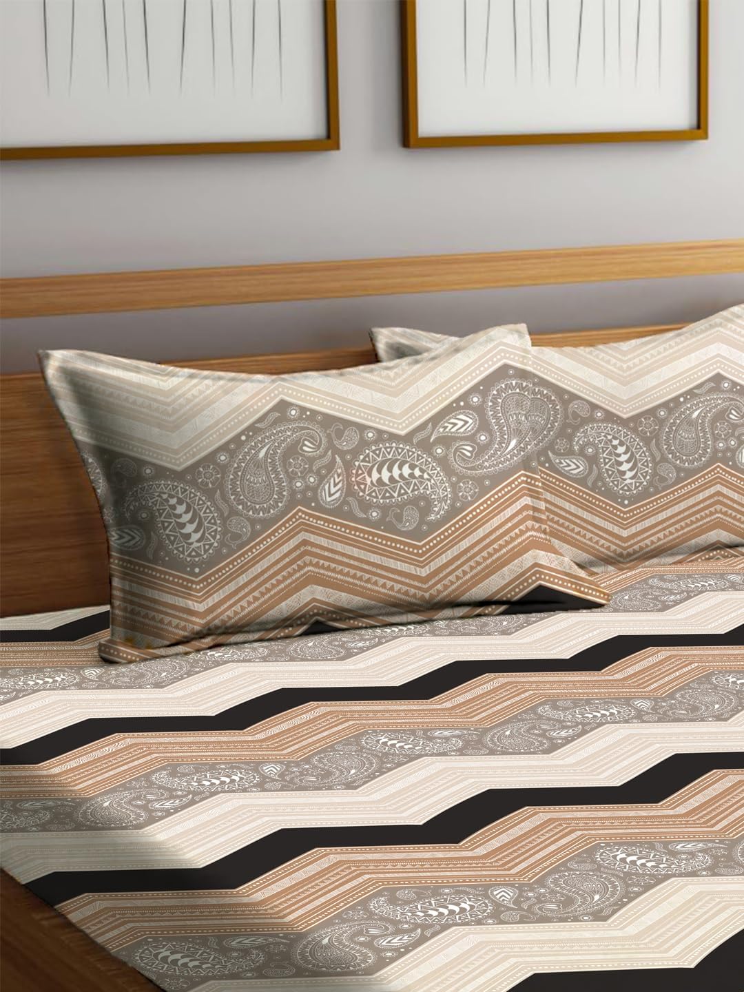 THE HOME STYLE 300 Tc Cotton Feel Glace Cotton Elastic Fitted Printed King Size Double Bed Bedsheet With 2 Pillow Cover Fits Upto 8 Inches Mattress (72"x78", Walnut Mist)