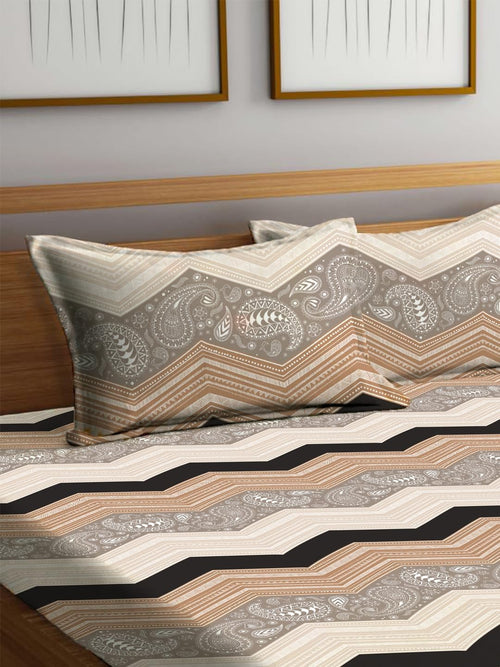 THE HOME STYLE 300 Tc Cotton Feel Glace Cotton Elastic Fitted Printed King Size Double Bed Bedsheet With 2 Pillow Cover Fits Upto 8 Inches Mattress (72"x78", Walnut Mist)