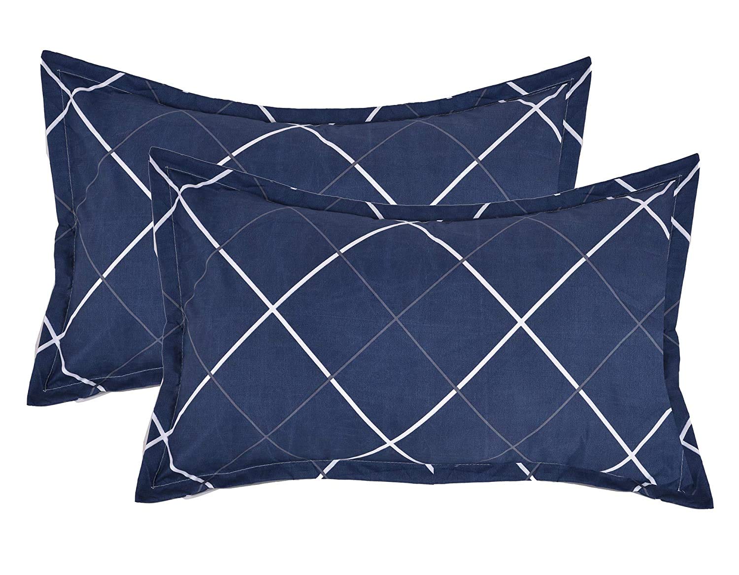 THE HOME STYLE Cotton Feel Glace Cotton King Size Printed Pillow Covers ll Set of 4pcs (18"X28" Inches, Pastel Green & Navy Blue Lines)