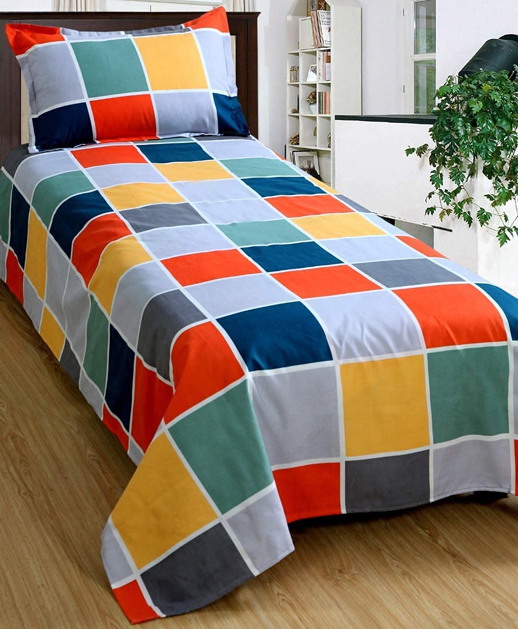 THE HOME STYLE Cotton Feel Glace Cotton Printed Single Bed Bedsheets (Combo Pack of 2 Single Bedsheet with 2 Pillow Cover)_Midnight Leaf & Vibrant Checks