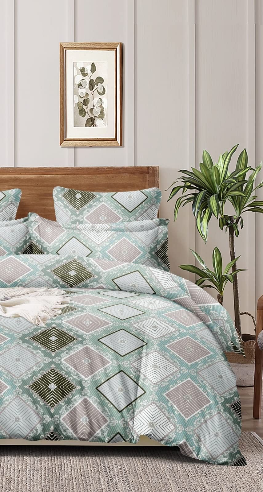 THE HOME STYLE Supersoft Cotton Feel Glace Cotton King Size Printed Flat Double Bedsheet wih 2 Pillow Cover II 300 TC, 90"x100" Inch (King, Cyan Green)