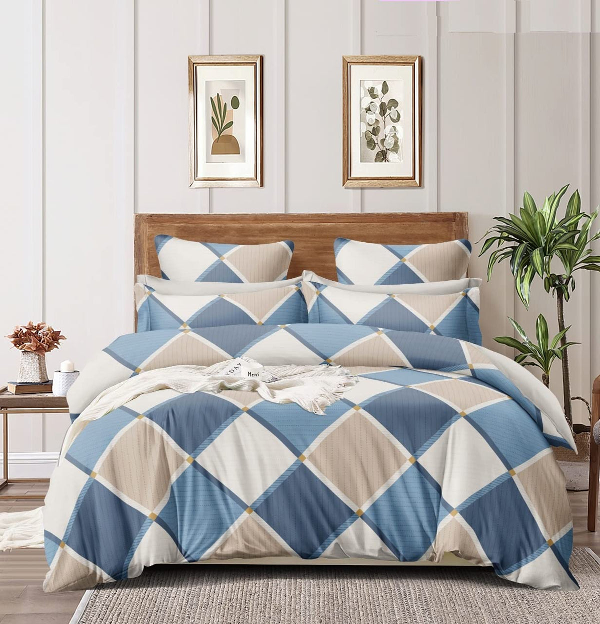 THE HOME STYLE Cotton Feel Glace Cotton Elastic Fitted All Around Elastic Printed King Size Double Bed Bedsheet with 2 Pillow Cover (72"x78", Blue Diamond)