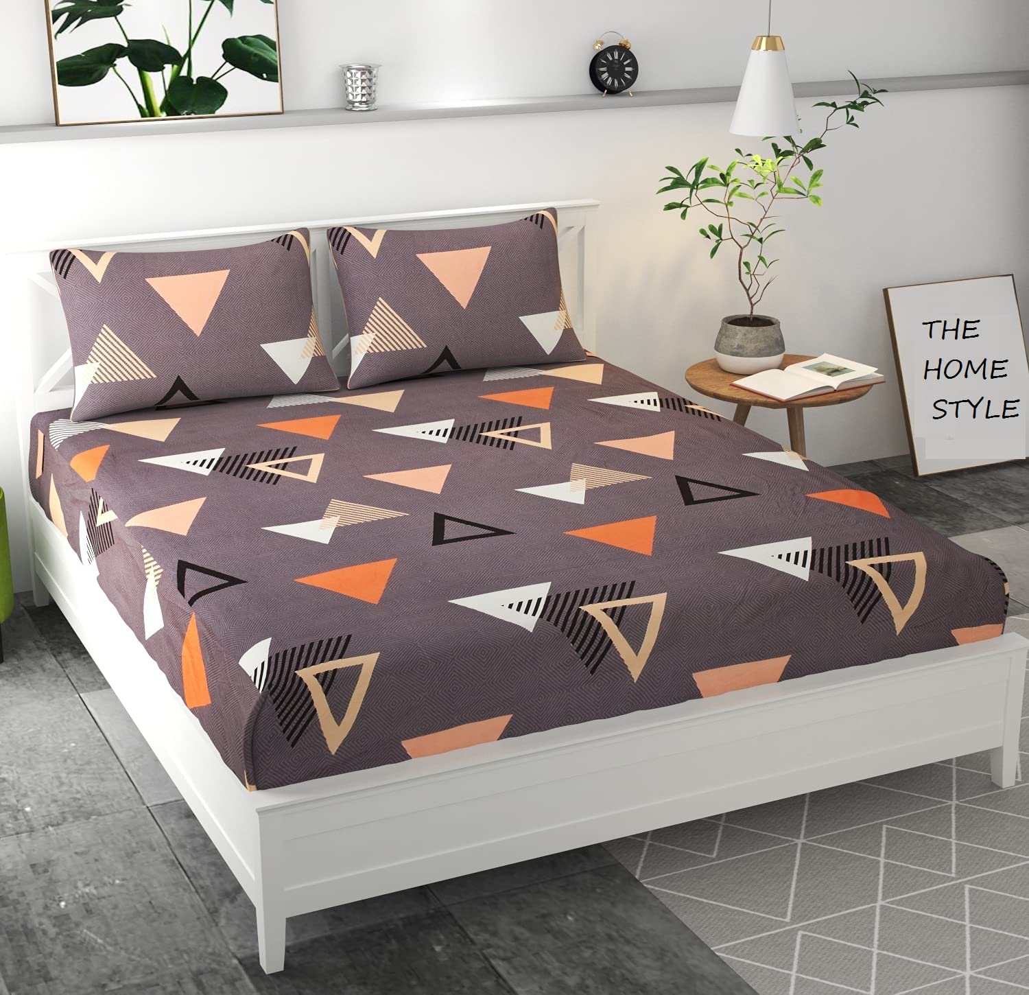 THE HOME STYLE Super Soft Glace Cotton King Size AC Comforter ll Blanket ll Duvet with 1 King Size Elastic Fitted Bedsheet 72"x78" Inch and 2 Pillow Cover (Pack of 4) (Graphite Triangle)