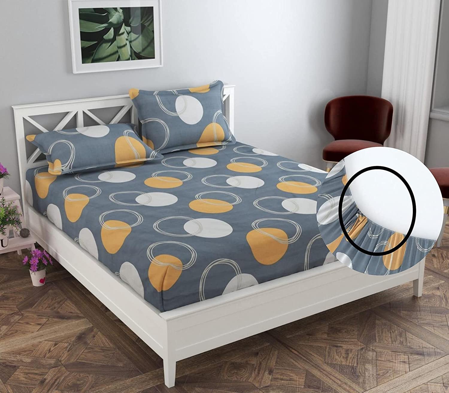 THE HOME STYLE Cotton Feel Glace Cotton Elastic Fitted Printed King Size Double Bed Bedsheet with 2 Pillow Cover (72"x78", Slate Grey)