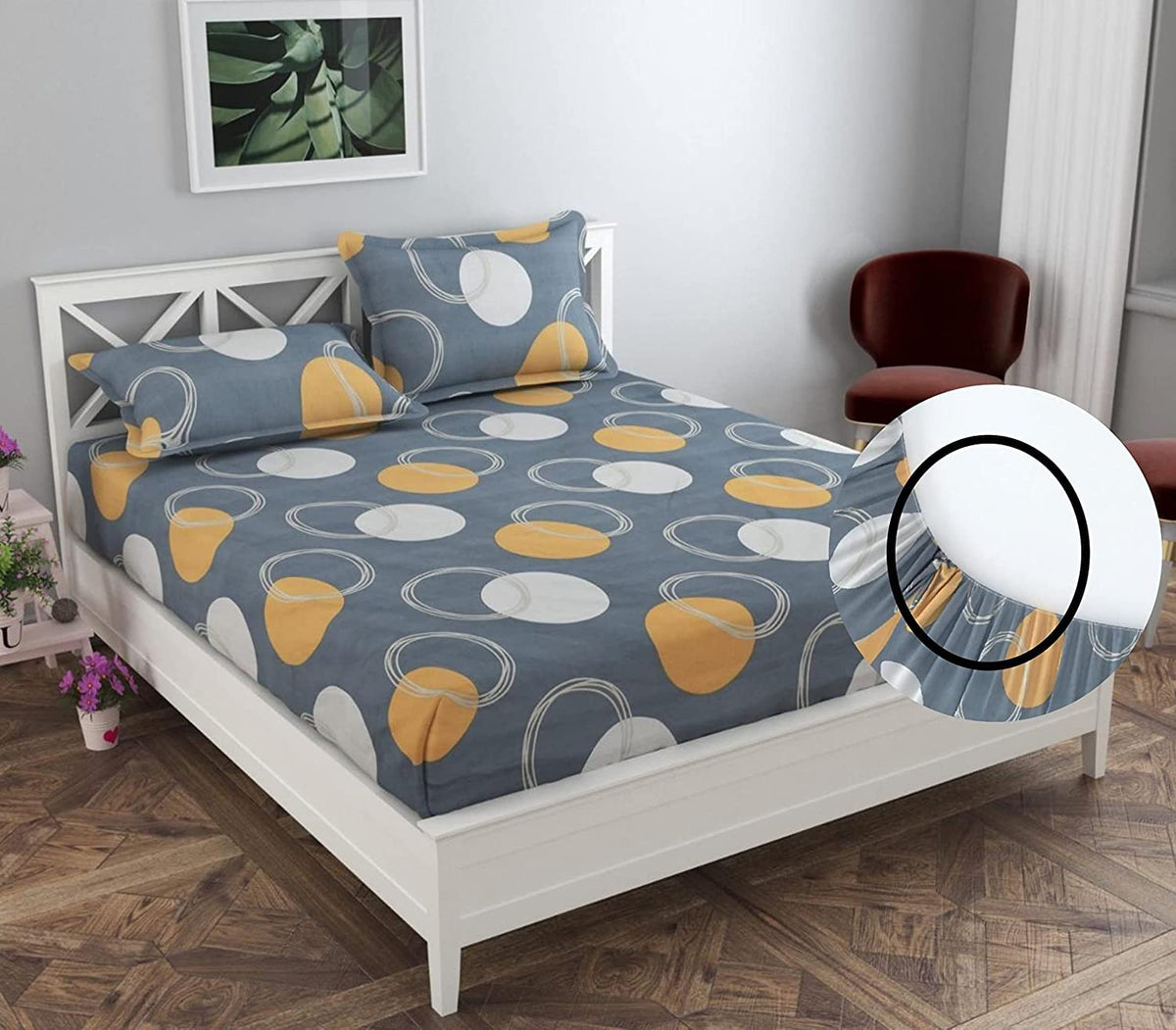THE HOME STYLE Cotton Feel Glace Cotton Elastic Fitted Printed King Size Double Bed Bedsheet with 2 Pillow Cover (72"x78", Slate Grey)