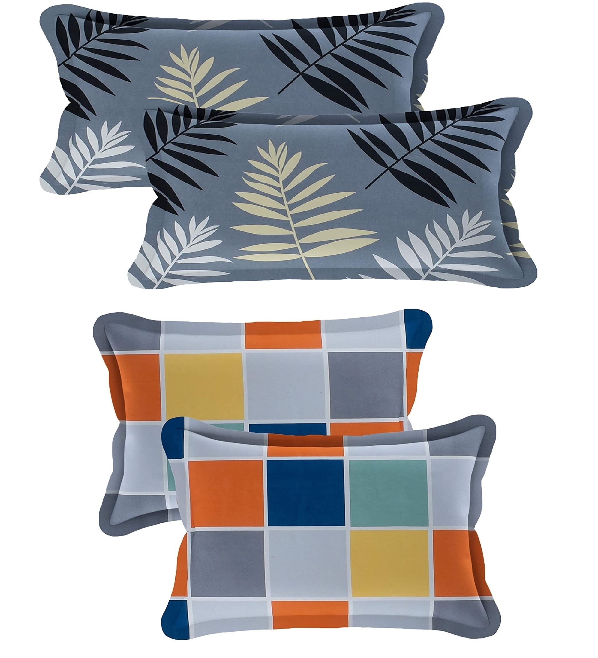 THE HOME STYLE Cotton Feel Glace Cotton King Size Printed Pillow Covers ll Set of 4pcs (18"X28" Inches, Midnight Leaf & Multicolor)