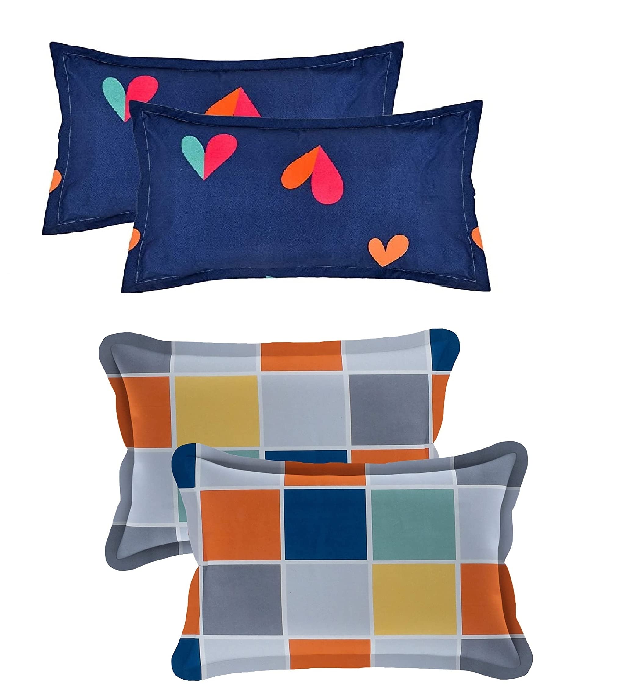 THE HOME STYLE Cotton Feel Glace Cotton King Size Printed Pillow Covers ll Set of 4pcs (18"X28" Inches, Dark Blue & Multicolor)