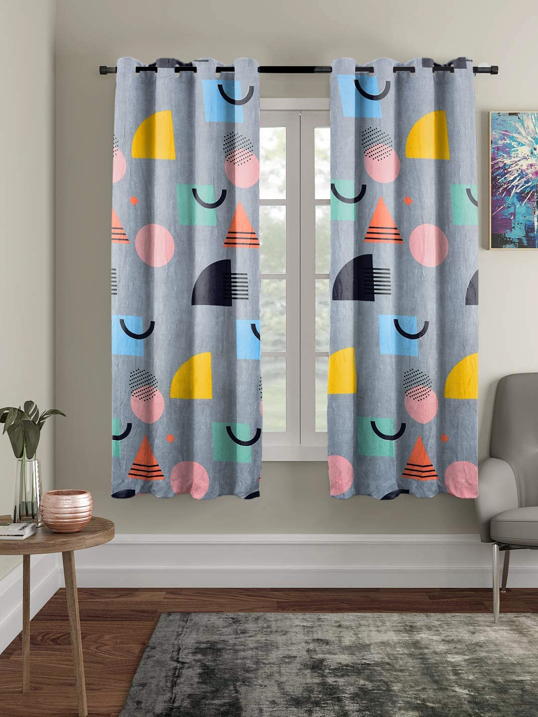 THE HOME STYLE Supersoft Printed Cotton Brushed Microfiber Eyelet Window Curtains 4x5 Feet (48x60 Inches) Grommet Curtains for Living Room (Classic Grey) (4x5 Feet, Window Curtains) (Pack of 2)